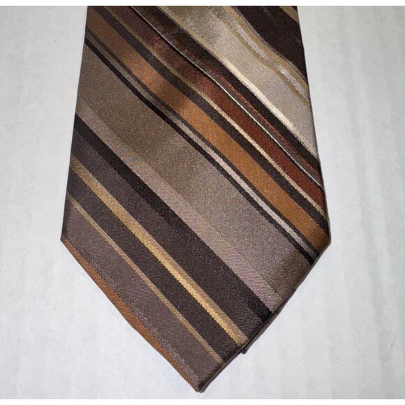 Perry Ellis Portfolio 100% Silk Brown Gold Regimental Stripe Classic Necktie - Picture 2 of 7